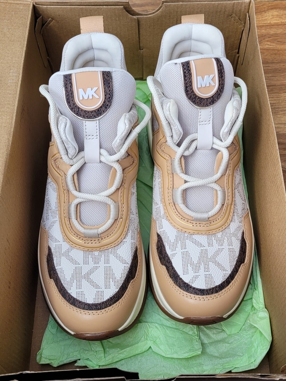Michael Kors Olympia Mixed-media Trainer Gold White Tan Bubble Size Runner